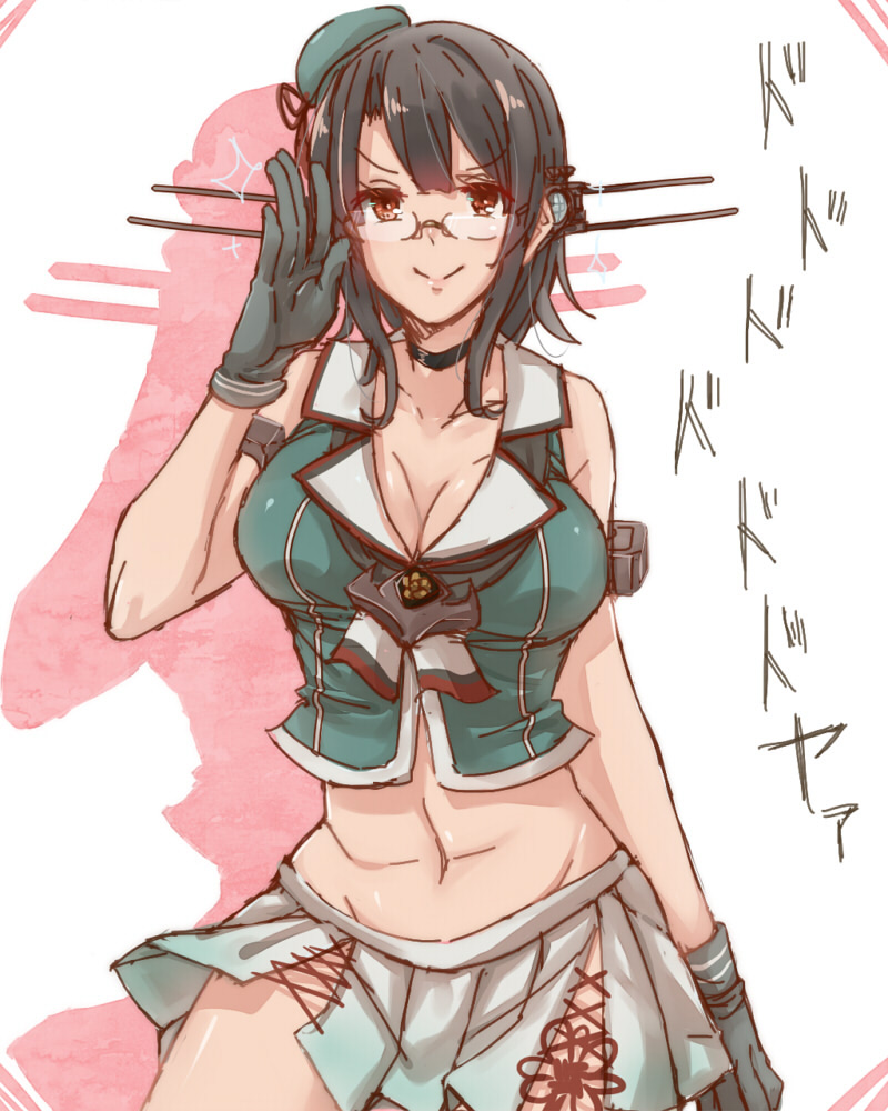 >:>, 1girl, bare_shoulders, black_hair, breasts, brown_eyes, choukai_(kantai_collection), choukai_(kantai_collection)_(cosplay)