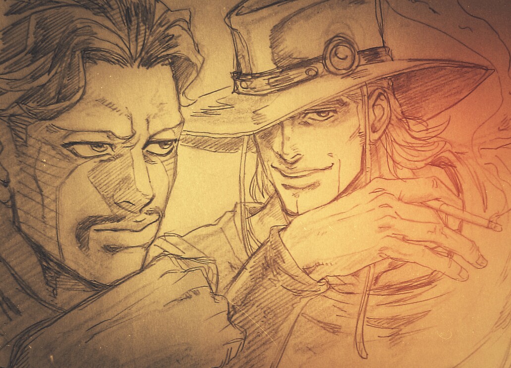 cigarette, daniel_d'arby, facial_hair, facial_tattoo, graphite_(medium), hat, hatching_(texture), hol_horse, jojo_no_kimyou_na_bouken, kouto29, monochrome, mustache, one_eye_covered, photo, tattoo, traditional_media, wristband