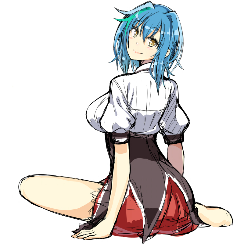 blue_hair, breasts, high_school_dxd, looking_back, q_(a72pgc), short_hair, sitting, smile, uniform, xenovia_(high_school_dxd), yellow_eyes