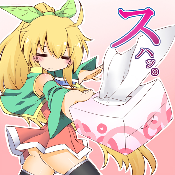 1girl, bare_shoulders, black_legwear, blonde_hair, blush, bow, closed_eyes, detached_sleeves