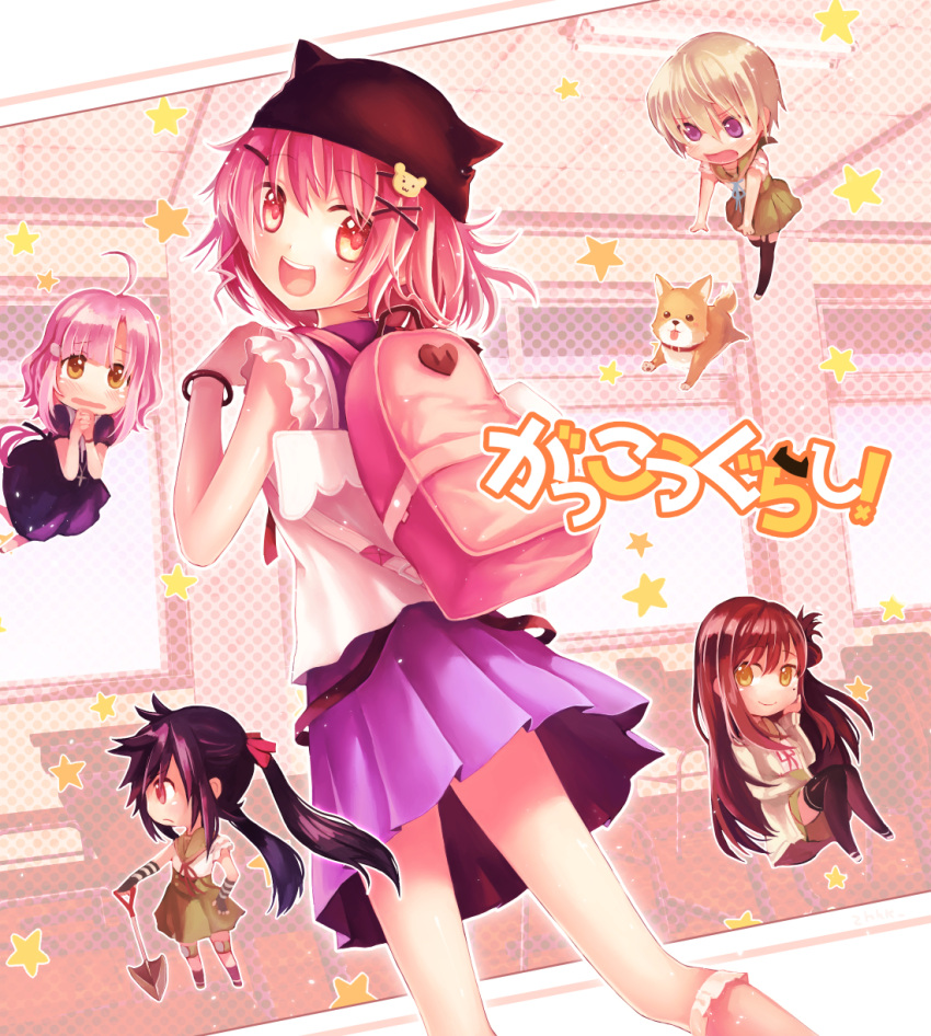 5girls, backpack, bag, chibi_inset, dog, ebisuzawa_kurumi, gakkou_gurashi!, hair_ornament