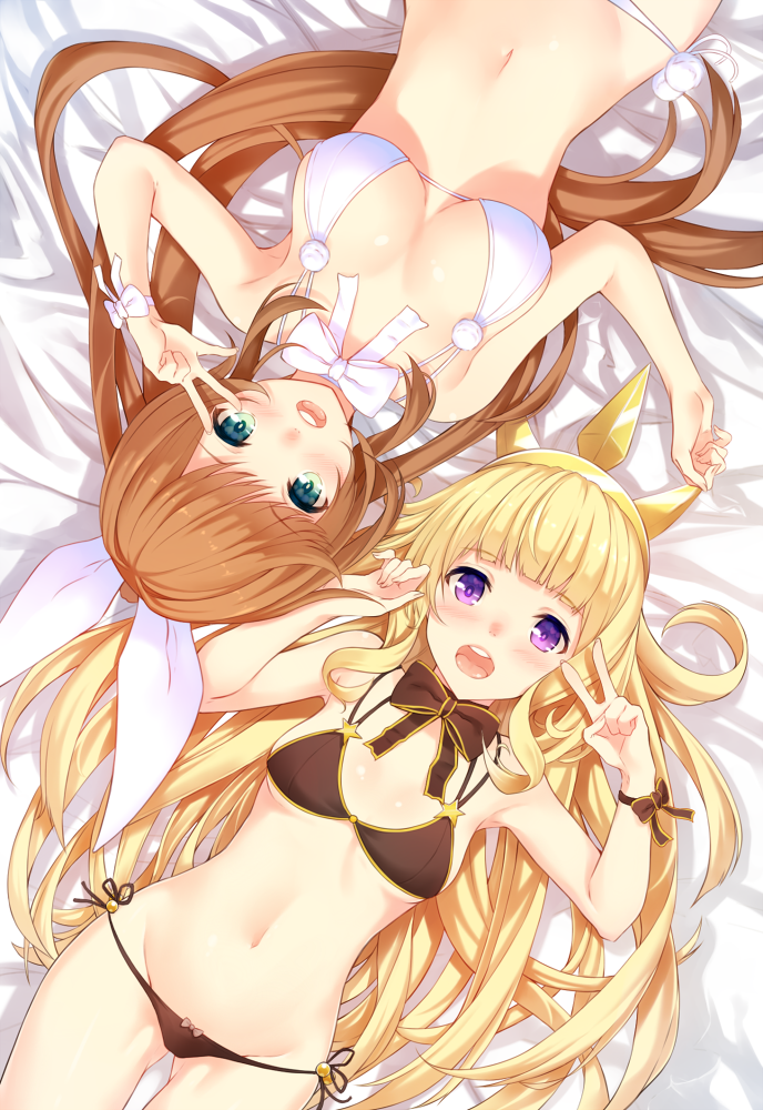 2girls, :d, bangs, bikini, black_bikini, blonde_hair, blunt_bangs, bokokichi_(you)