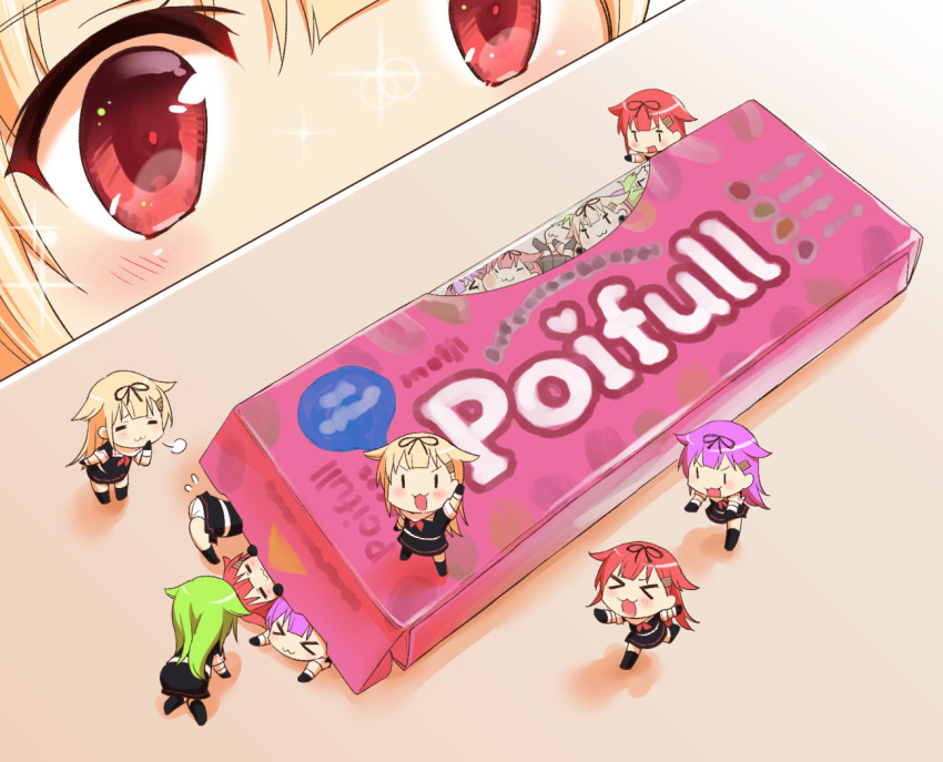 >_<, 6+girls, :3, alternate_hair_color, blonde_hair, blush, chibi, hair_flaps