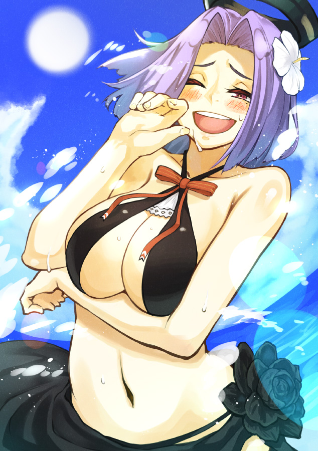 1girl, blush, breast_hold, breasts, clouds, cloudy_sky, commentary_request, day