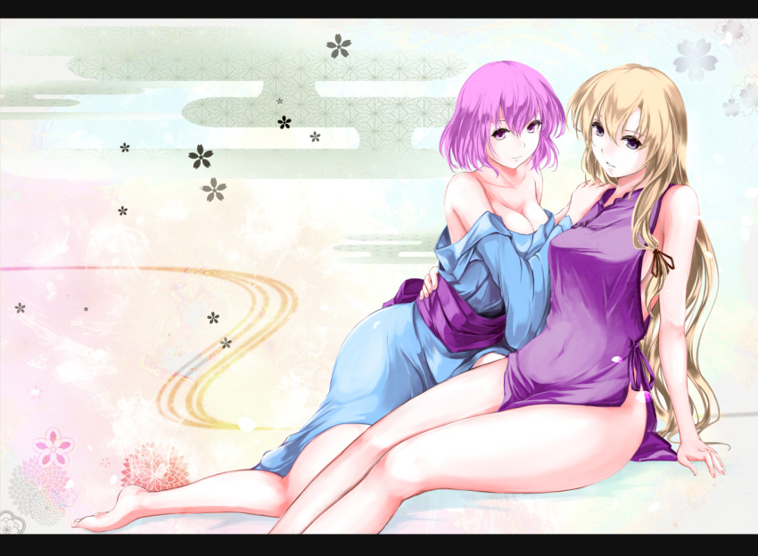 2girls, arm_around_waist, barefoot, blonde_hair, breasts, cleavage, egasumi, gradient