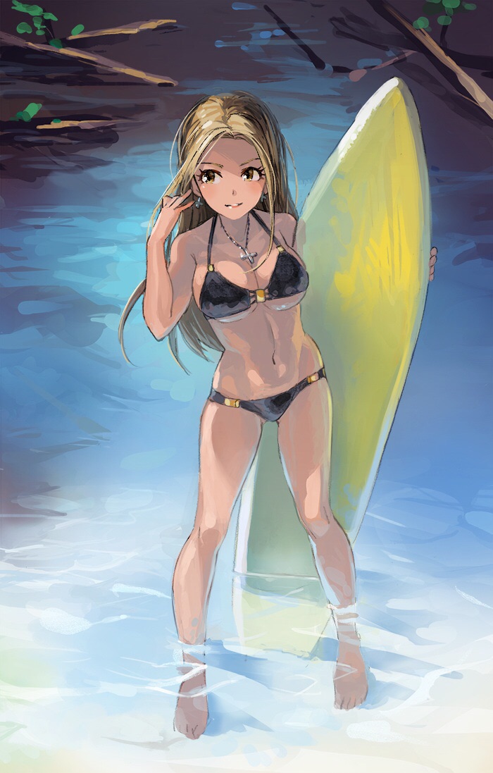 1girl, bikini, black_bikini, blonde_hair, brown_eyes, cross, earrings, idolmaster