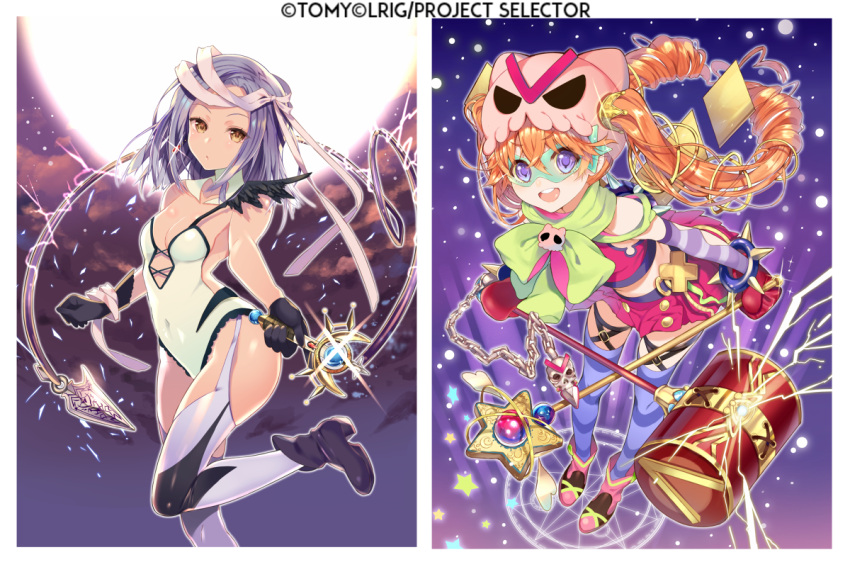 2girls, :d, black_gloves, boots, bracelet, brown_hair, chain, colored_stripes, covered_navel, crown, dual_wielding, earrings, eldora_(wixoss), garter_straps, gloves, grey_hair, hair_ornament, hair_ribbon, hammer, harunoibuki, iona_(wixoss), jewelry, midriff, multiple_girls, open_mouth, red_gloves, ribbon, skull, smile, spiked_bracelet, spikes, star, striped, striped_legwear, thigh-highs, violet_eyes, wand, wixoss, yellow_eyes