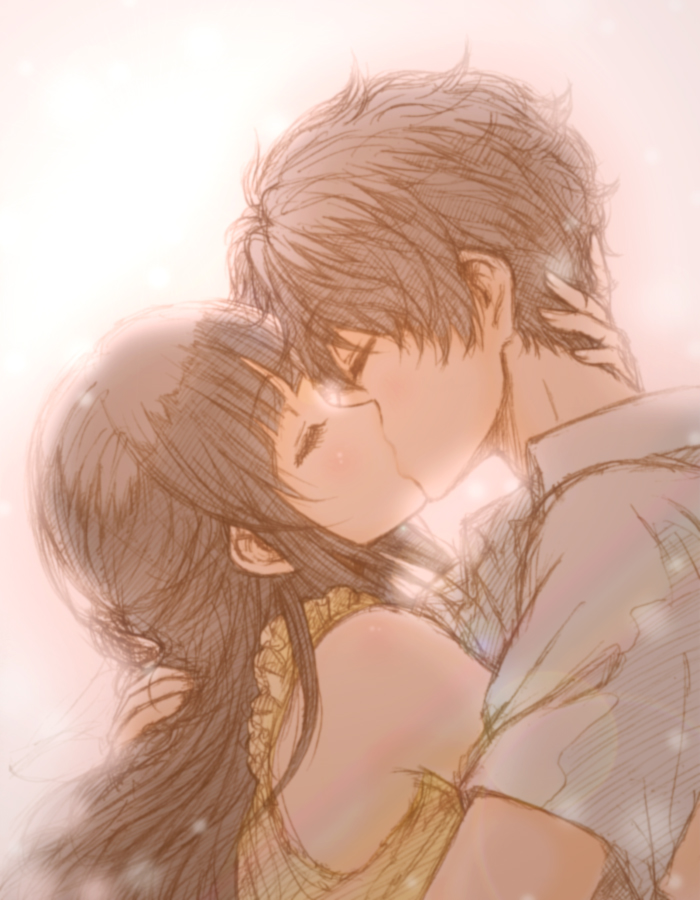 1boy, 1girl, black_hair, bluez, brown_hair, casual, chitanda_eru, closed_eyes
