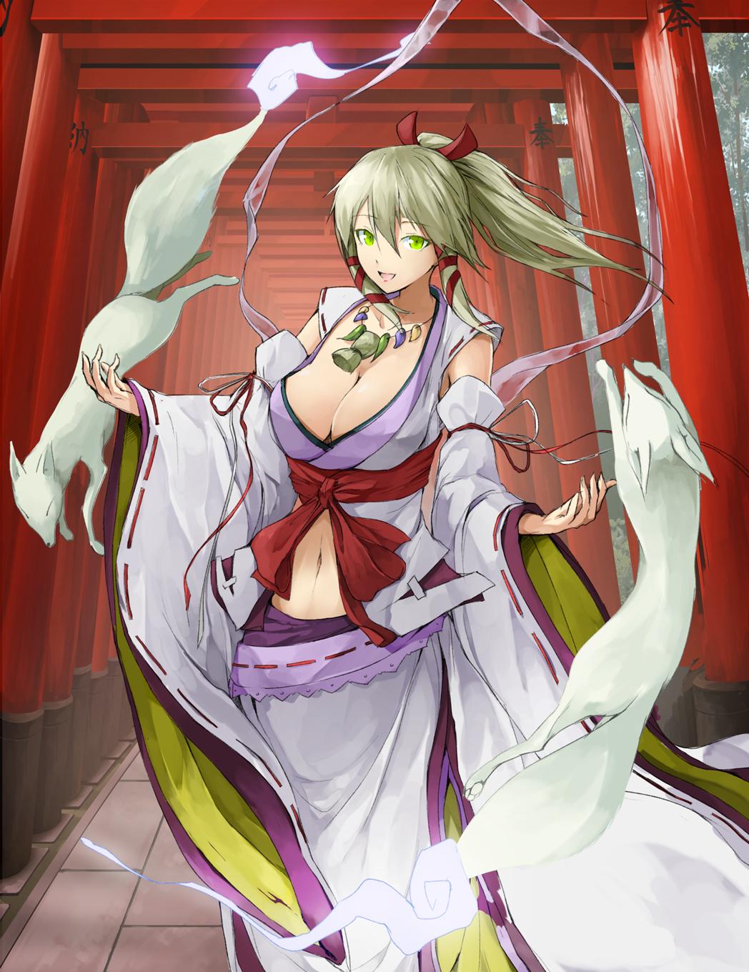 1girl, blonde_hair, breasts, cleavage, detached_sleeves, green_eyes, hair_ribbon, highres, inari_konkon_koi_iroha., japanese_clothes, jewelry, large_breasts, lips, long_hair, midriff, miko, navel, necklace, open_mouth, ponytail, revision, ribbon, roro_(inakon), shishi_(inakon), smile, solru, torii, tress_ribbon, uka-no-mitama-no-kami_(inakon)