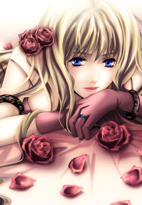 blue_eyes, bracelet, dcvermeer, flower, gloves, jewelry, lips, long_hair