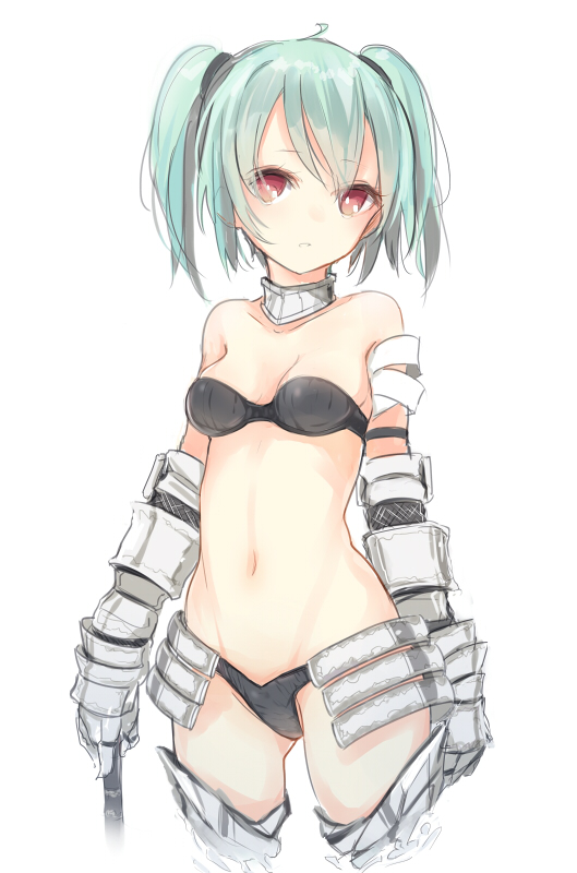 1girl, armor, bikini, black_bikini, breasts, cleavage, faulds, gauntlets, green_hair, kojiki-life, navel, neck_brace, original, parted_lips, red_eyes, simple_background, solo, swimsuit, twintails, white_background