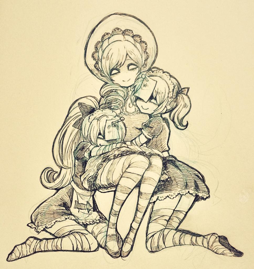 3girls, aebj, apron, bandages, candeloro, candeloro's_familiars, dress, drill_hair