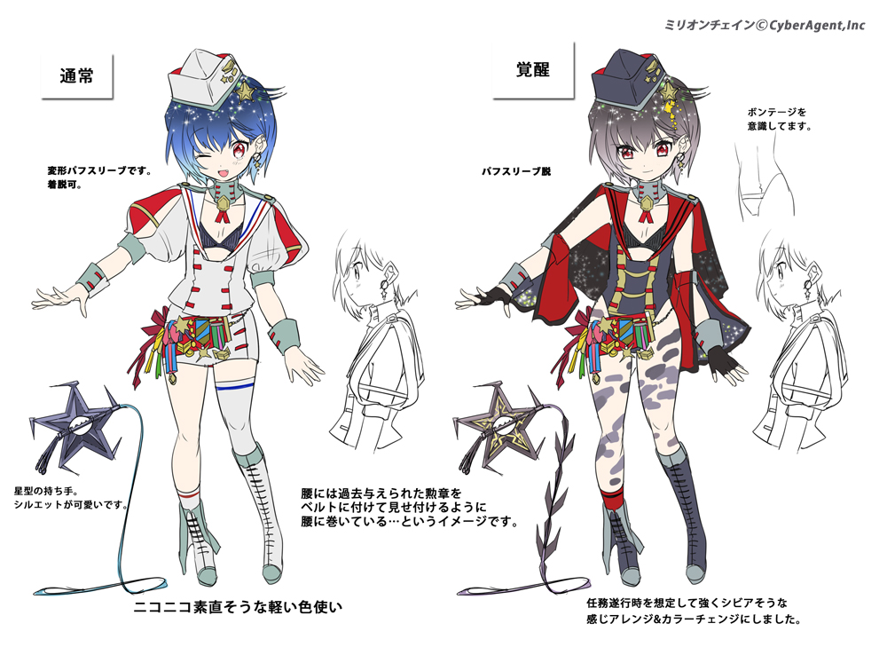 1girl, black_gloves, blue_hair, bodypaint, boots, brown_hair, camouflage, character_sheet, company_name, copyright_name, earrings, fingerless_gloves, full_body, gloves, hat, jewelry, leotard, million_chain, mismatched_footwear, nagi_(million_chain), official_art, one_eye_closed, open_mouth, red_eyes, short_hair, simple_background, solo, weapon, white_background, yan'yo_(yan'yan'yo)