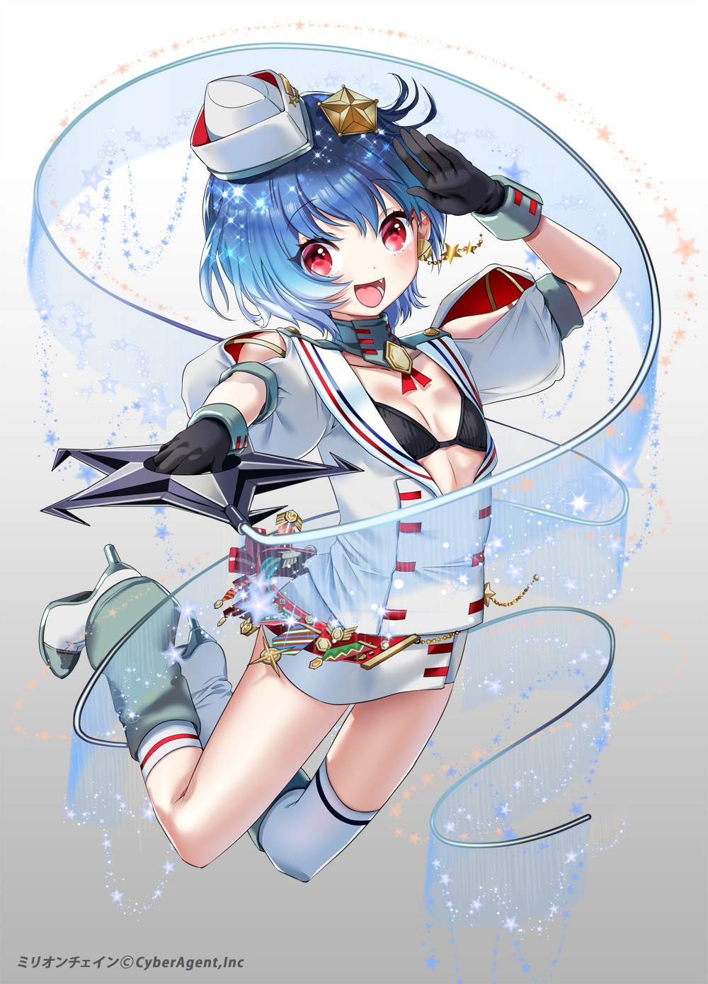 1girl, black_gloves, blue_hair, blush, garrison_cap, gloves, gradient, gradient_background