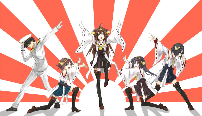 1boy, 4girls, admiral_(kantai_collection), black_hair, black_legwear, blue_eyes, brown_eyes, brown_hair