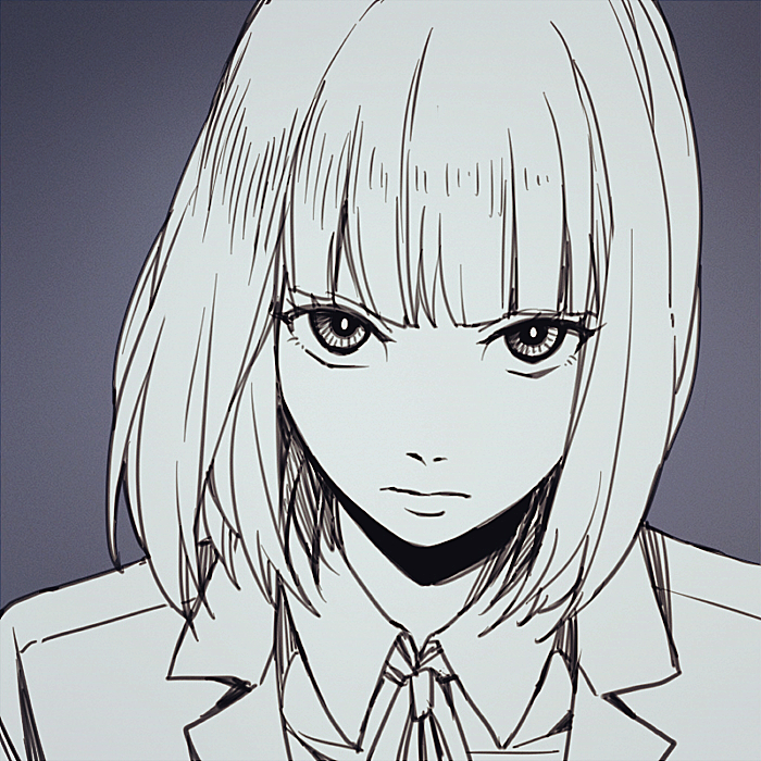 1girl, bangs, blunt_bangs, collared_shirt, kangoku_gakuen, looking_at_viewer, midorikawa_hana, purple_background, ribbon, school_uniform, shirt, short_hair, solo, sora_(keyue), upper_body