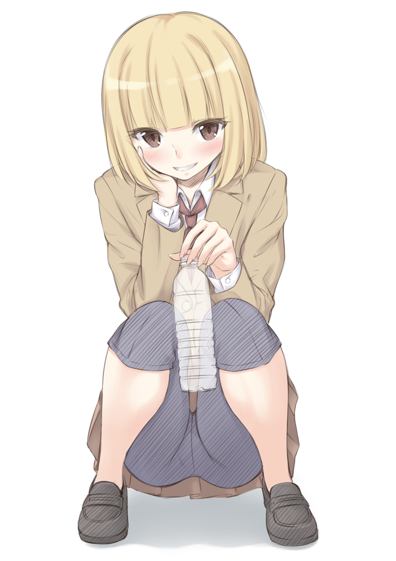 1girl, bangs, blonde_hair, blush, bottle, brown_skirt, grin, hand_on_own_cheek