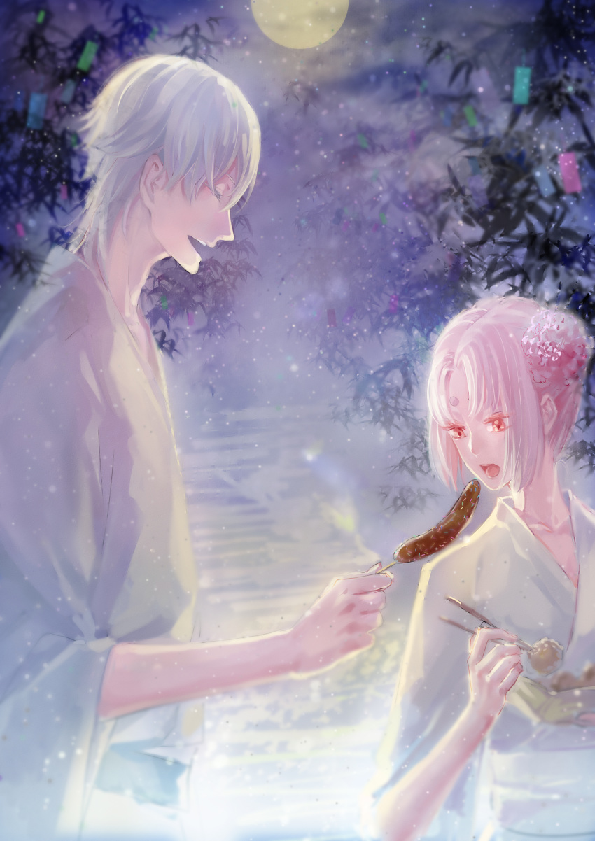1boy, 1girl, absurdres, chocolate_banana, closed_eyes, double_bun, fcsz3d1a, female_saniwa_(touken_ranbu)