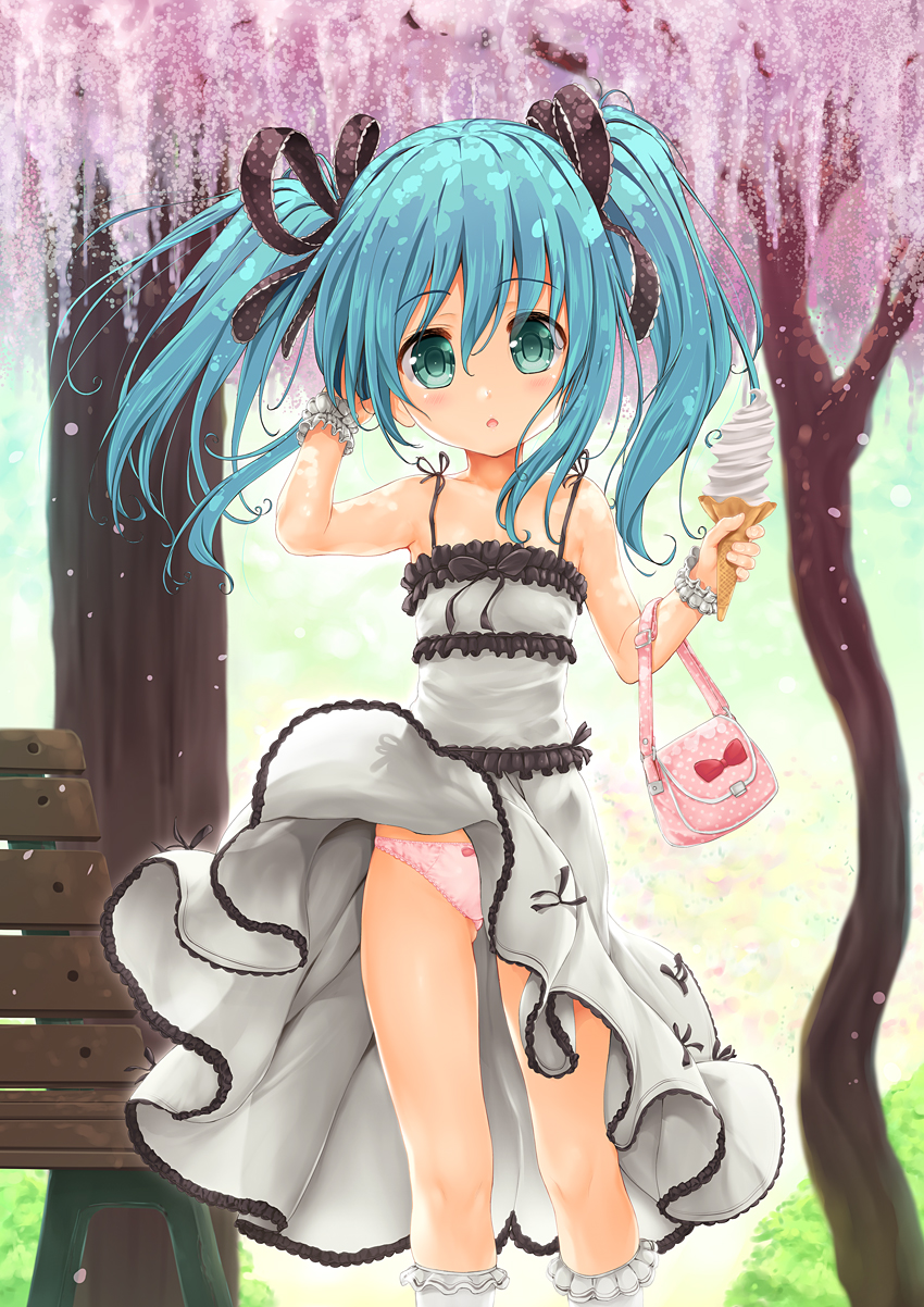 1girl, adjusting_hair, ai_shite!_homun, arm_up, bag, bench, blue_hair, blush