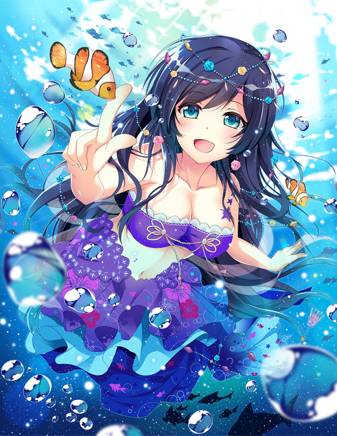1girl, bare_shoulders, breasts, clownfish, green_eyes, jewelry, long_hair, love_live!_school_idol_project