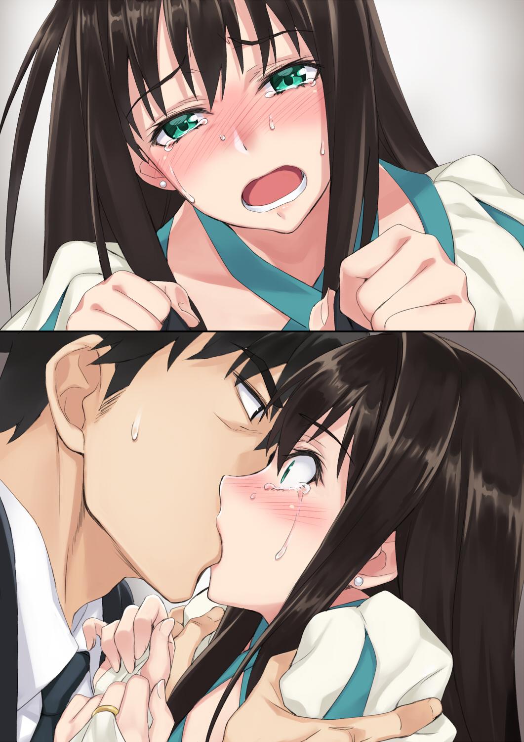 1boy, 1girl, aqua_eyes, black_hair, blush, bridal_gauntlets, brown_hair, clenched_hands