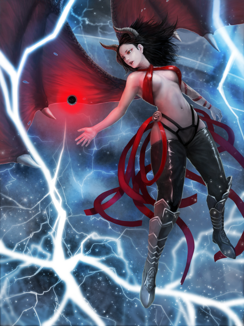 1girl, banajune, black_hair, breasts, demon_girl, demon_horns, demon_wings, highres