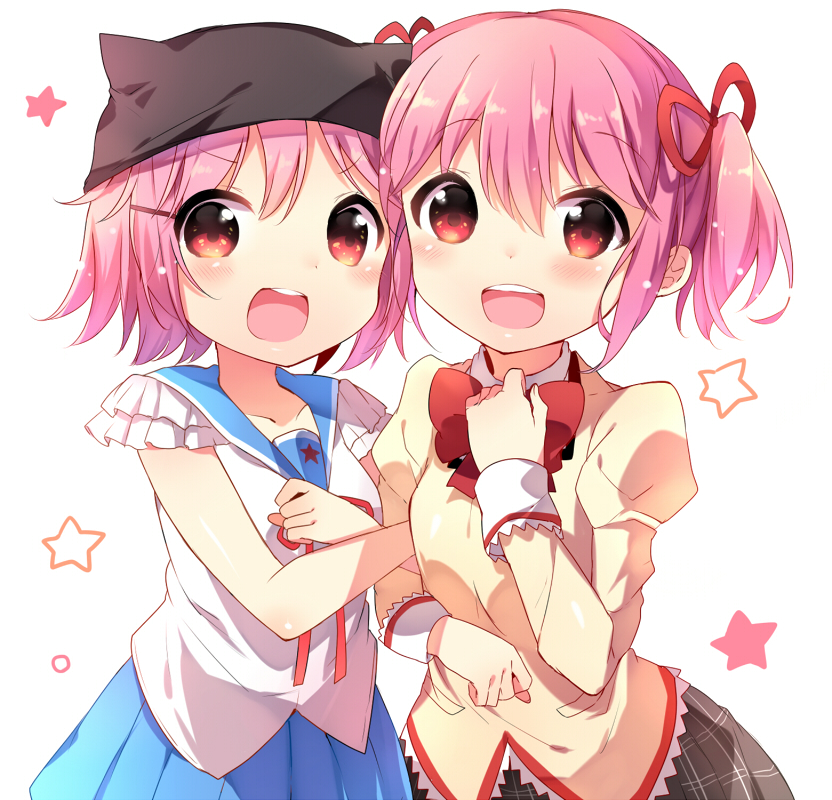 2girls, :d, animal_hat, arm_hug, blush, cat_hat, color_connection, company_connection