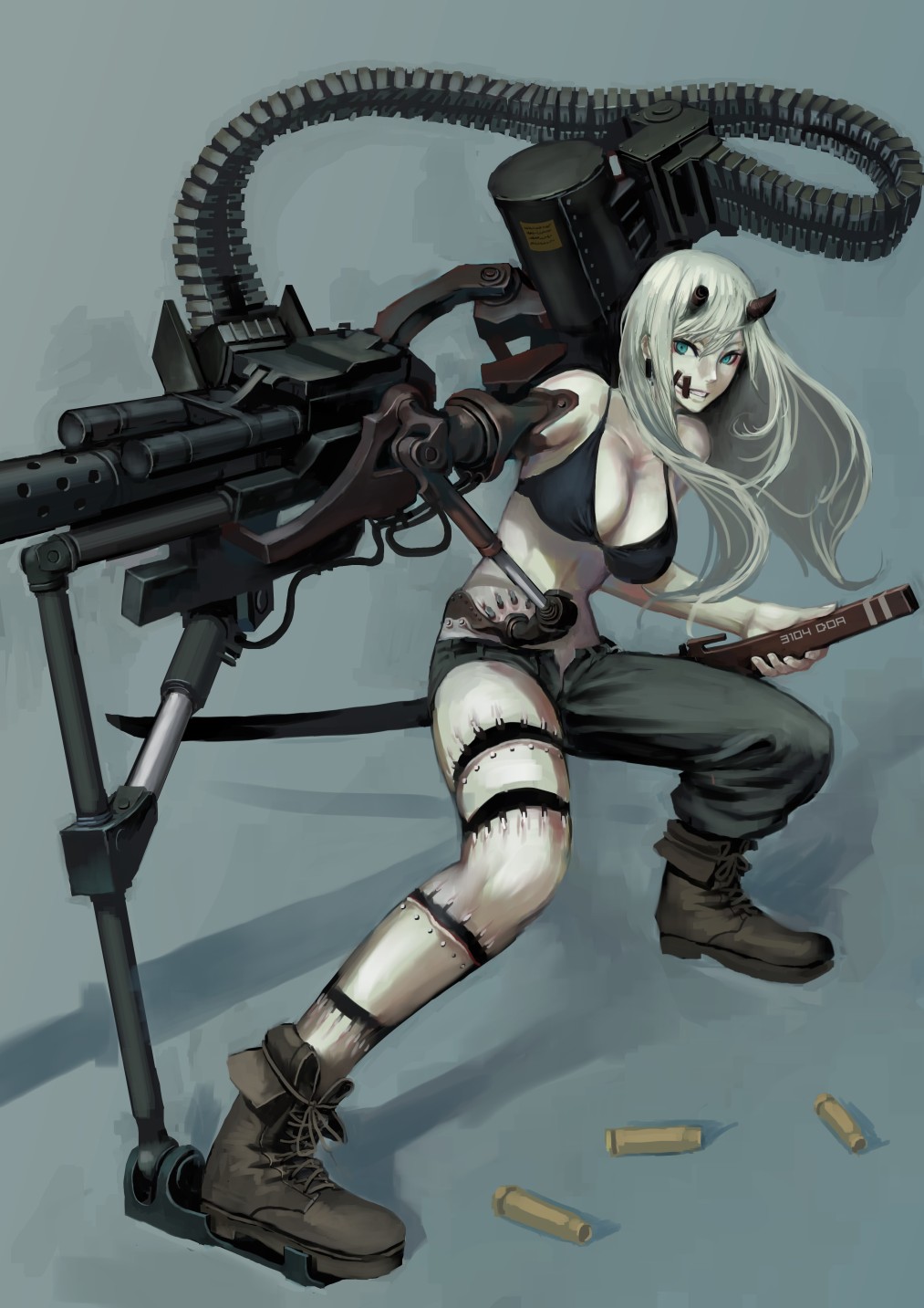 1girl, boots, bra, breasts, cleavage, grey_hair, gun, highres