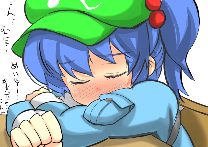 1girl, blue_dress, blue_hair, blush, desk, dreaming, dress, full-face_blush, gaoo_(frpjx283), hair_bobbles, hair_ornament, hat, kawashiro_nitori, sleeping, solo_focus, touhou, translated, wet_dream