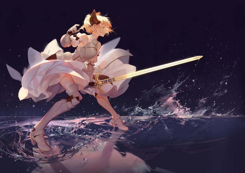 1girl, ahoge, armor, armored_dress, ask_(askzy), blonde_hair, commentary_request, dress