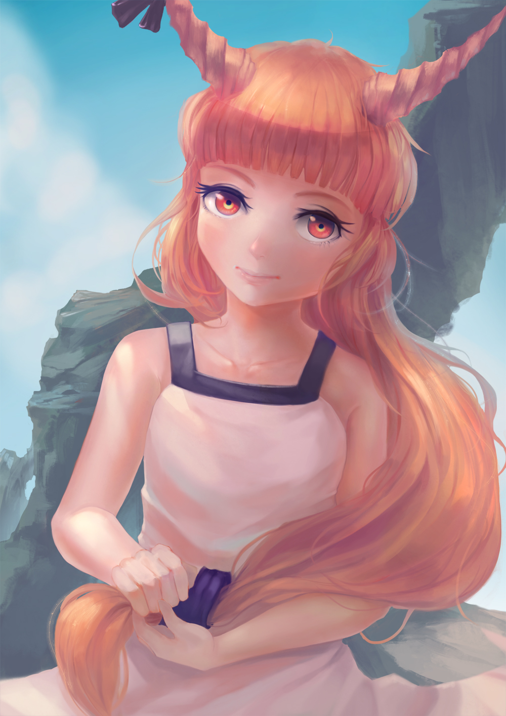 1girl, alternate_costume, blue_sky, bow, clouds, collarbone, cowboy_shot, ctt_(jeansctt7), dress, eyelashes, flat_chest, hair_ornament, head_tilt, highres, holding_hair, horn_bow, horns, ibuki_suika, light_smile, lips, long_hair, looking_at_viewer, nose, red_eyes, redhead, sky, sleeveless, sleeveless_dress, smile, solo, touhou, very_long_hair