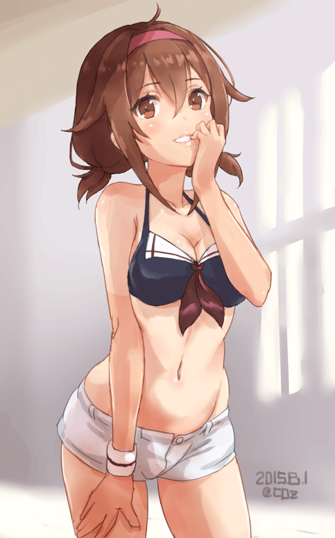 1girl, bikini_top, breasts, brown_eyes, brown_hair, cb, cleavage, commentary_request