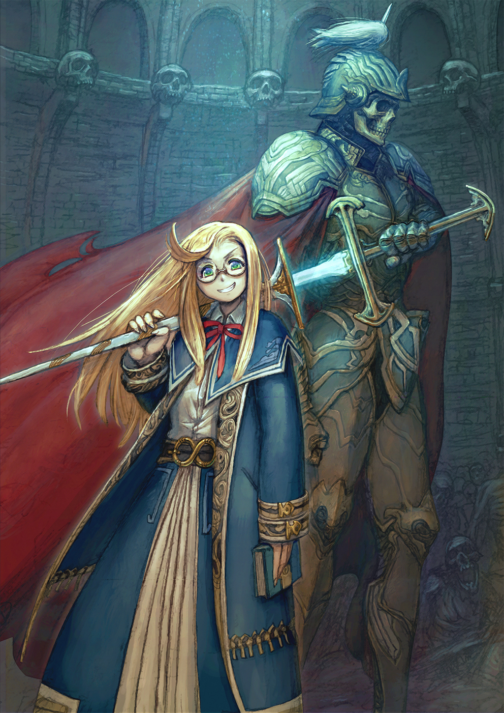 1girl, armor, blonde_hair, book, cape, coat, full_armor, green_eyes