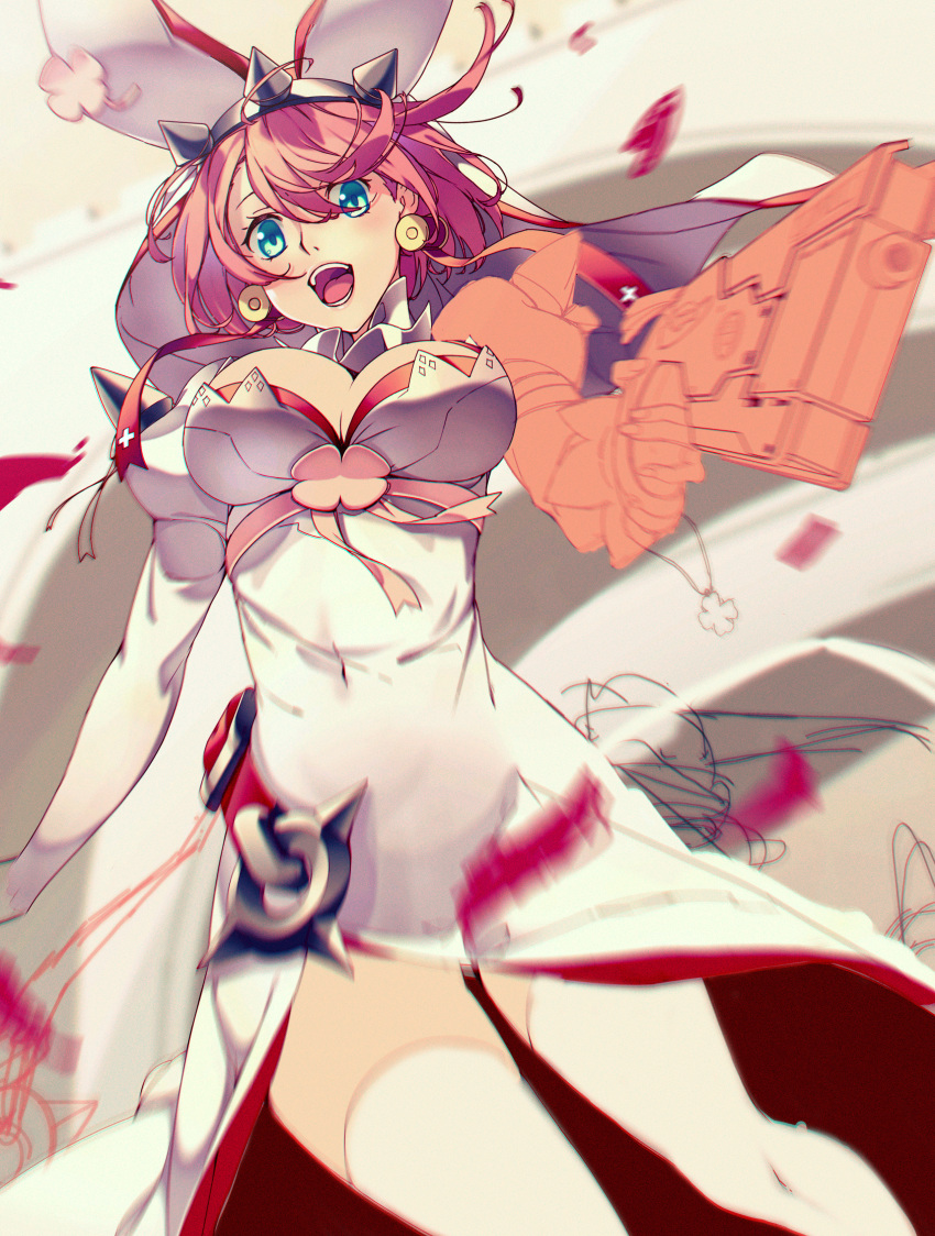 1girl, :d, absurdres, blue_eyes, breasts, cleavage, covered_navel, dress