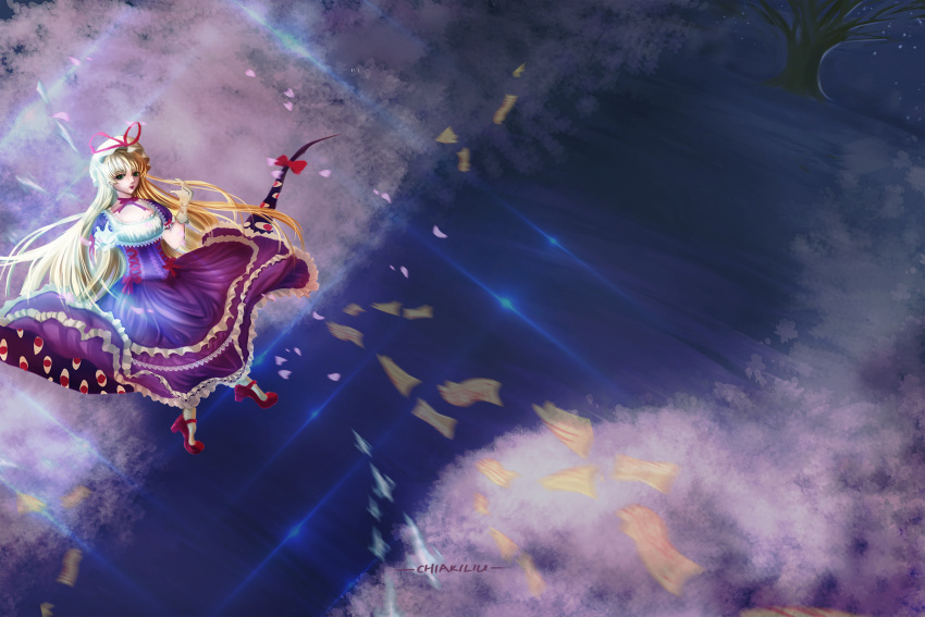 adapted_costume, alternate_eye_color, bad_feet, bad_hands, blonde_hair, breasts, cherry_blossoms, corset, danmaku, dress, energy_field, error, eyelashes, floating, flowing_dress, frilled_dress, frills, gap, gloves, green_eyes, hat, hat_ribbon, high_heels, highres, lipstick, long_hair, magic, makeup, mary_janes, mob_cap, night, night_sky, noangle, perfect_cherry_blossom, petals, purple_dress, purple_lips, purple_lipstick, red_eyes, red_shoes, ribbon, shoes, short_sleeves, sitting, sky, socks, title, touhou, tree, very_long_hair, water, yakumo_yukari