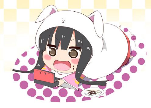 1girl, animal_hood, black_hair, brown_eyes, bunny_hood, chibi, dango, doma_umaru