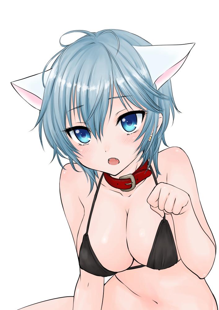 anastasia_(idolmaster), animal_ears, bikini, blue_eyes, blue_hair, breasts, cat_ears, cleavage