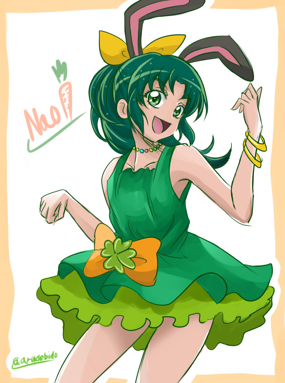 1girl, animal_ears, arudebido, bow, carrot, character_name, green_eyes, green_hair