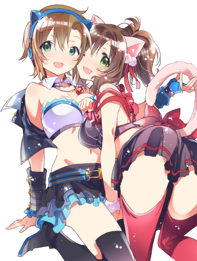 2girls, :3, :d, ;3, ;d, animal_ears, bandeau, breasts