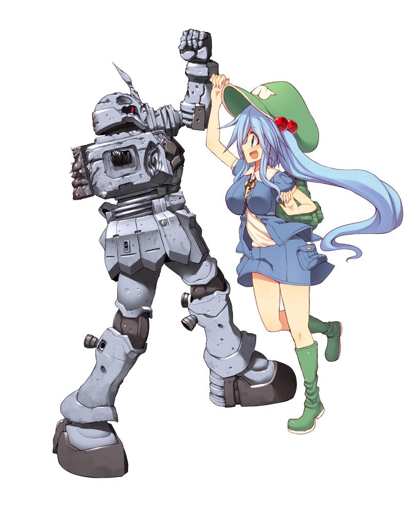 1girl, :d, backpack, bag, blue_eyes, blue_hair, blush, boots