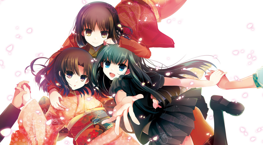 black_hair, blue_eyes, brown_eyes, brown_hair, dual_persona, highres, holding_hands, jacket