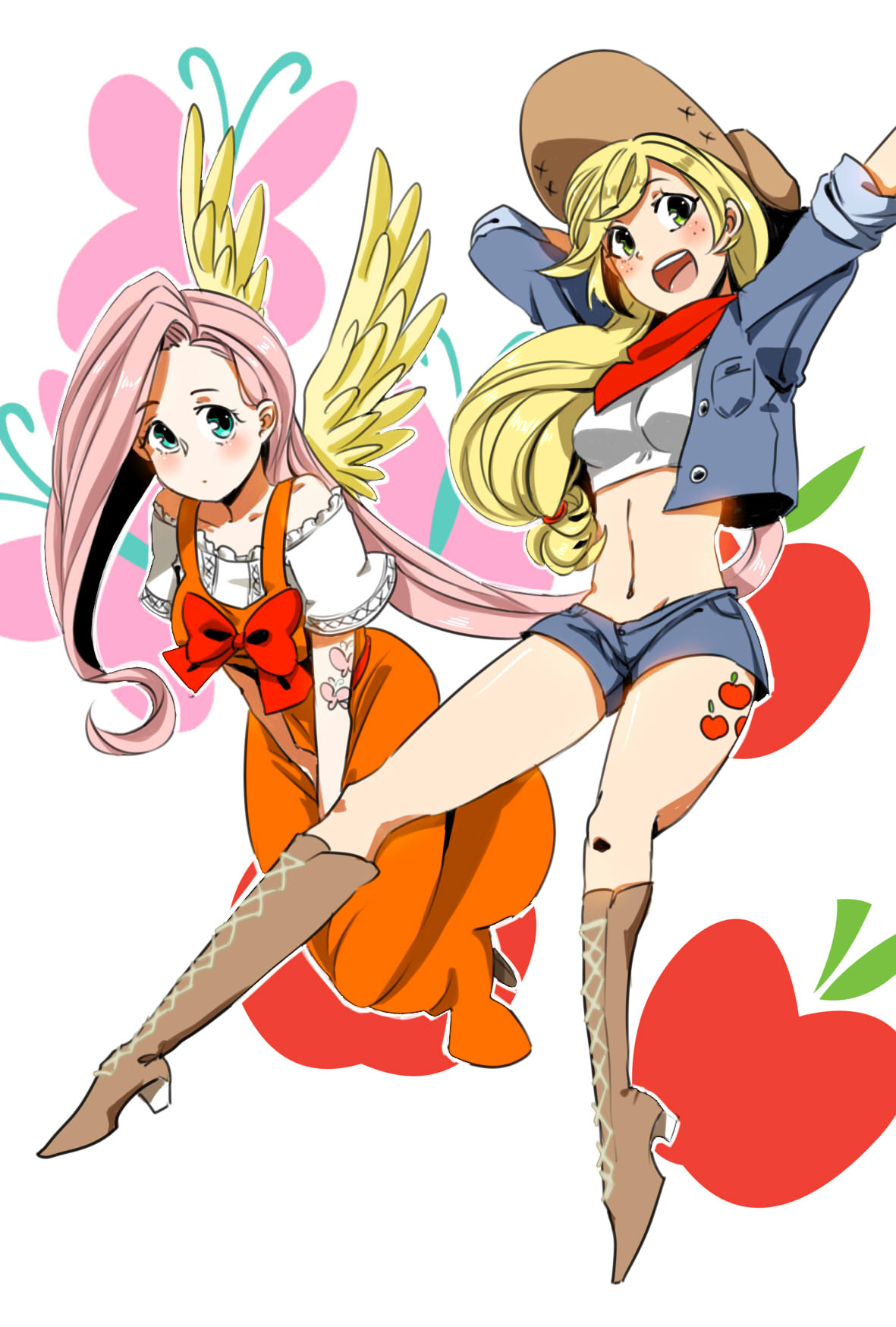 applejack, boots, commentary_request, cowboy_hat, cutie_mark, fluttershy, freckles, hat, highres, kumo_ni_notte, my_little_pony, my_little_pony_friendship_is_magic, personification, wings