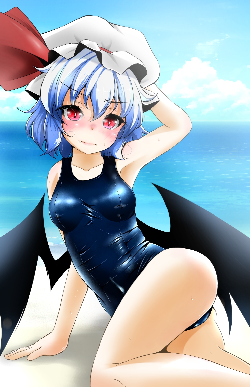 1girl, bat_wings, blue_hair, fumi_(fumifumi-graffiti), hat, highres, red_eyes, remilia_scarlet