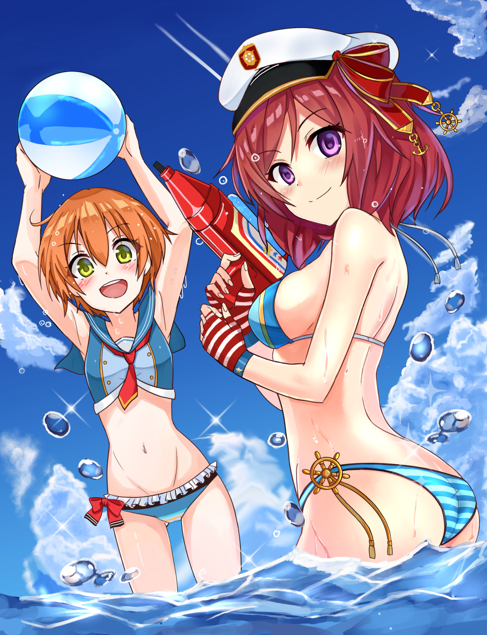 2girls, ball, beachball, bikini, fingerless_gloves, gloves, highres, hoshizora_rin