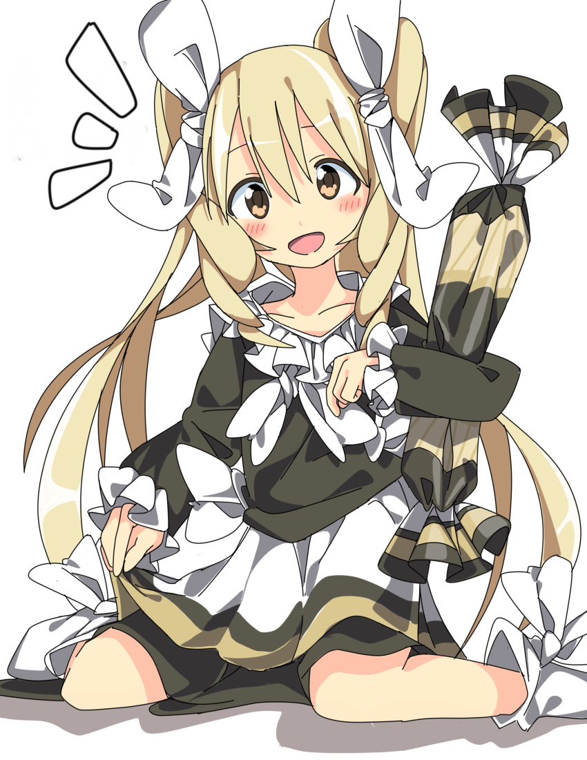 1girl, absurdres, blonde_hair, blush, highres, long_hair, looking_at_viewer, open_mouth, original, personification, revision, simple_background, smile, solo, tantan_men_(dragon), very_long_hair, white_background, white_rollita
