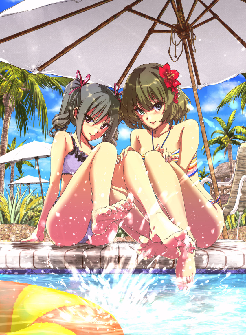 2girls, bare_shoulders, barefoot, beach_umbrella, bikini, blue_eyes, blush, brown_hair, chair, collarbone, commentary_request, dress, drill_hair, feet, flower, fringe, green_eyes, hair_flower, hair_ornament, hair_ribbon, haru_(primavera), heterochromia, highres, idolmaster, idolmaster_cinderella_girls, kanzaki_ranko, legs_up, long_hair, looking_at_viewer, lounge_chair, mole, mole_under_eye, multiple_girls, open_mouth, palm_tree, pool, poolside, red_eyes, revision, ribbon, short_hair, silver_hair, sitting, smile, soles, splashing, swimsuit, takagaki_kaede, toes, tree, twin_drills, twintails