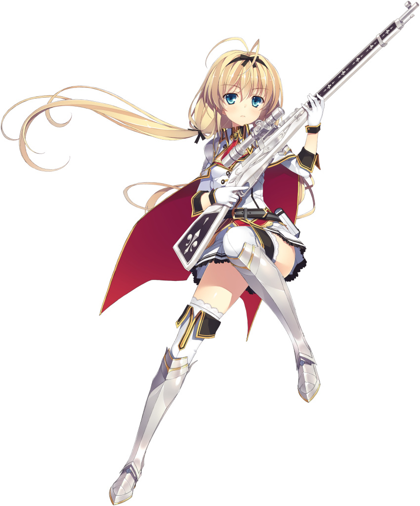 1girl, absurdres, armor, armored_dress, blonde_hair, blue_eyes, bolt_action, boots