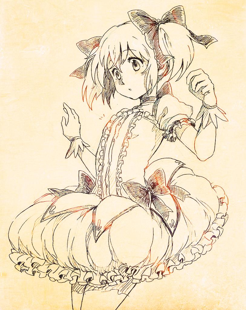 1girl, aebj, bow, bubble_skirt, gloves, hair_ribbon, kaname_madoka, magical_girl