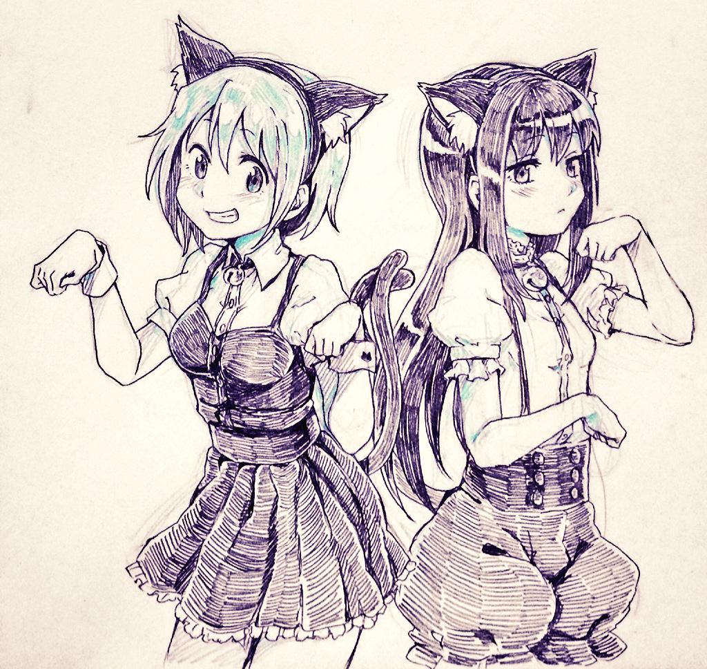 2girls, aebj, akemi_homura, alternate_costume, animal_ears, bell, bell_collar, cat_ears, cat_girl, cat_tail, collar, long_hair, mahou_shoujo_madoka_magica, miki_sayaka, multiple_girls, paw_pose, puffy_pants, puffy_shorts, short_hair, suspenders, tail