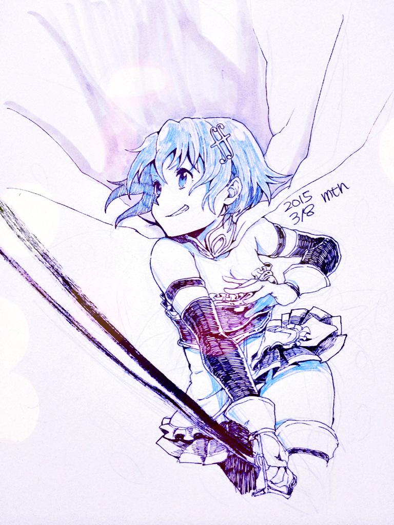 1girl, aebj, blue_hair, cape, colored_pencil_(medium), dated, gloves, hair_ornament